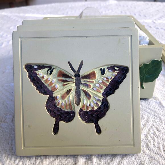 VTG 3D Butterfly Coaster Set w/ Holder 4‑Piece Resin Square New Open Box Cottage - Picture 7 of 16